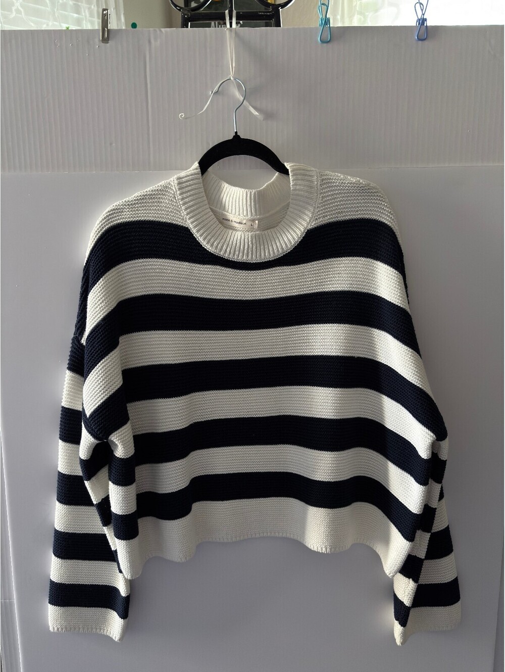 Good & Madison Striped Mock Neck Sweater White Navy Size L